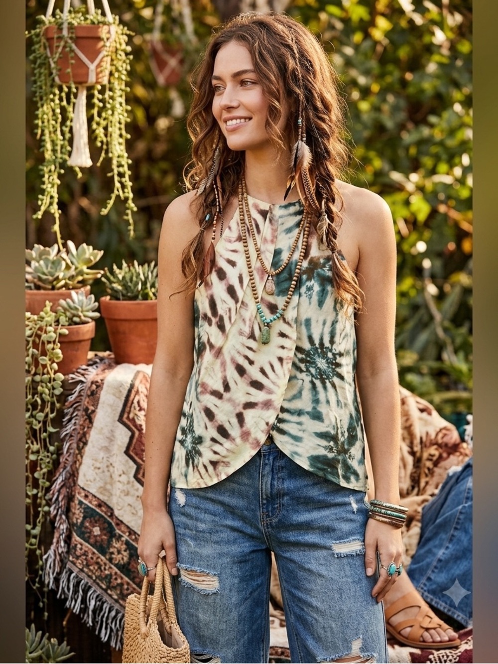 ZARA 100% ramie tropical printed top size medium